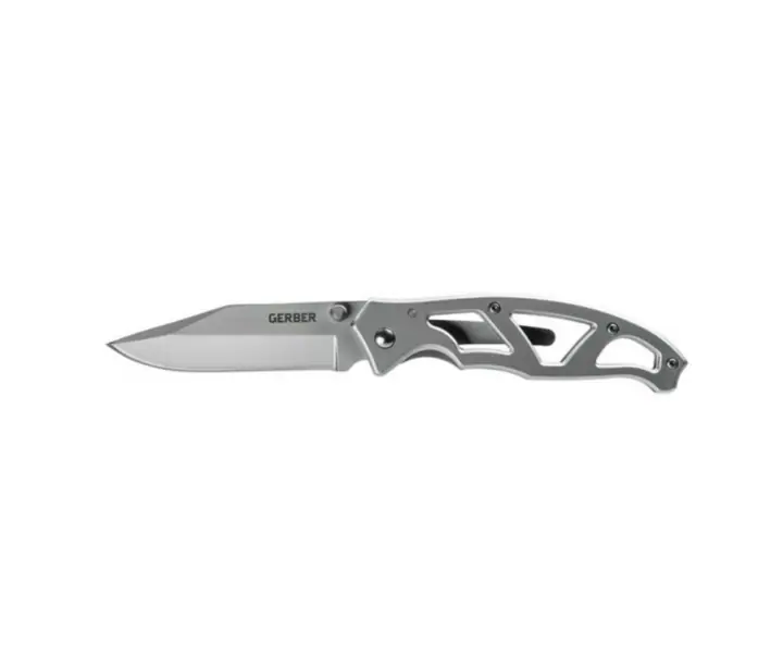 Gerber Paraframe I foldekniv med glat klinge og åbent stålgreb på hvid baggrund