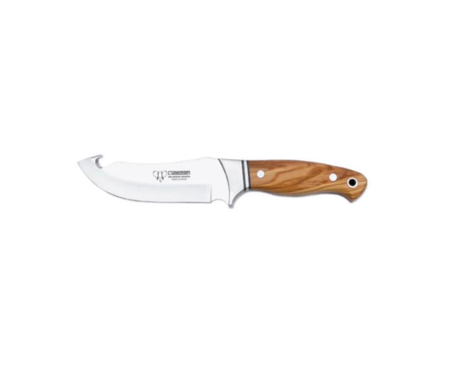 Cudeman jagtkniv med bugåbner og håndtag i oliventræ, 15 cm klinge