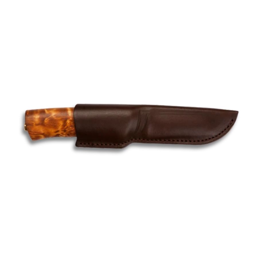 Helle Eggen kniv med krøllet birkeskæfte og læderskede