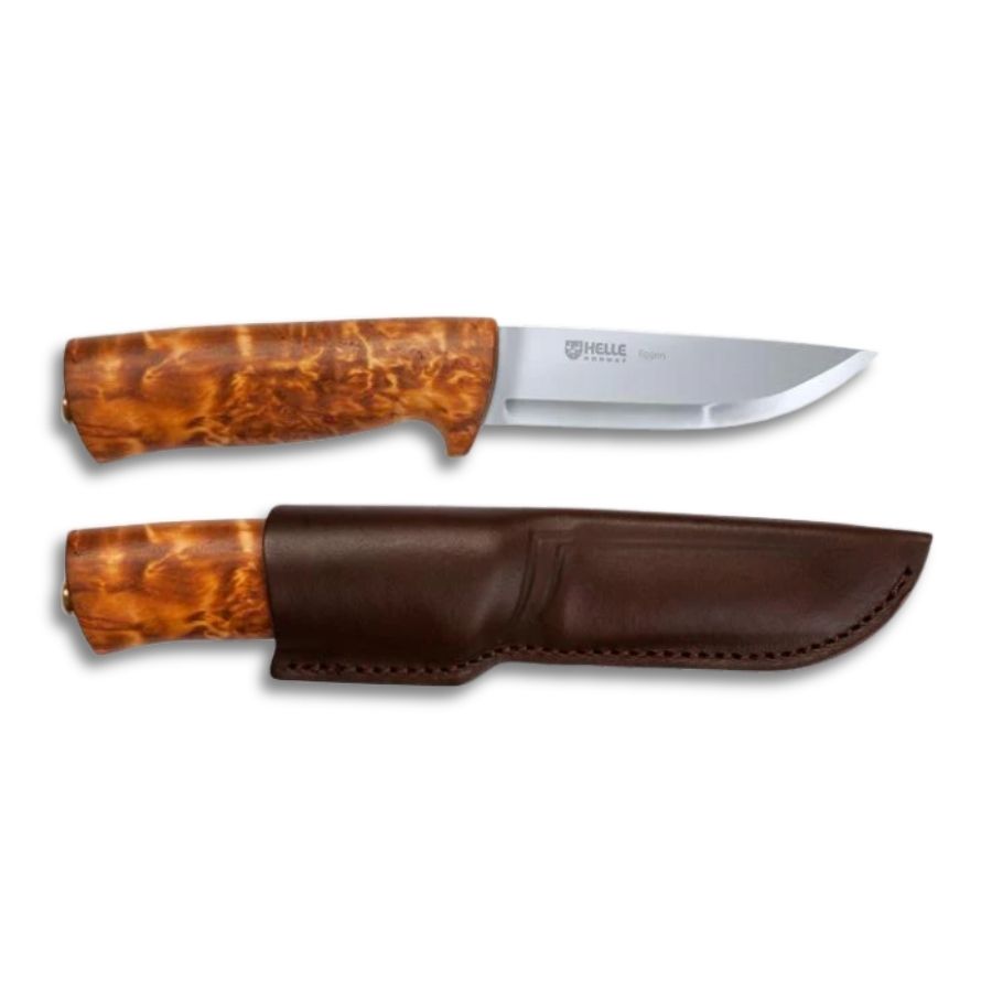 Helle Eggen kniv med krøllet birkeskæfte og læderskede